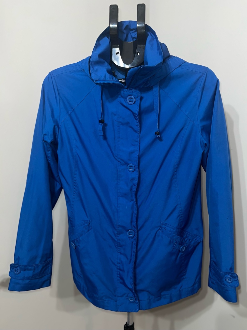Lands' End blue nylon rain jacket button-down storm flap over a zipper.